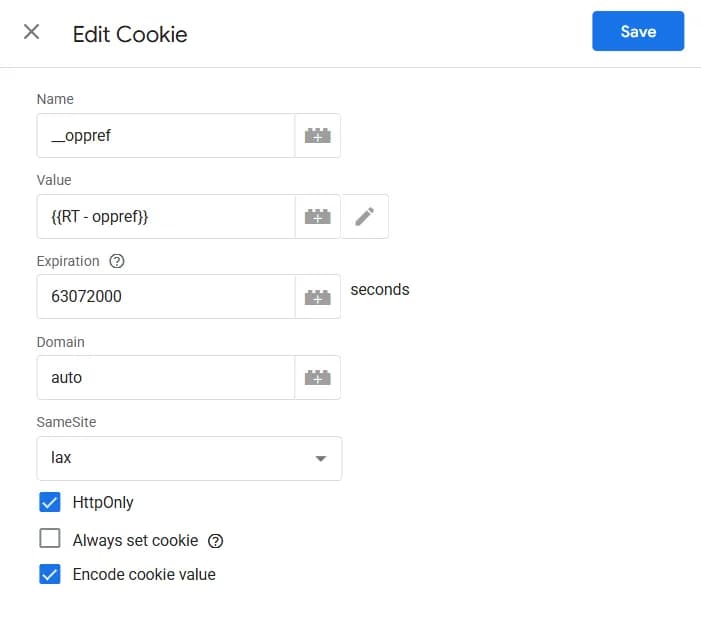 12.55 Edit cookie parameters modal